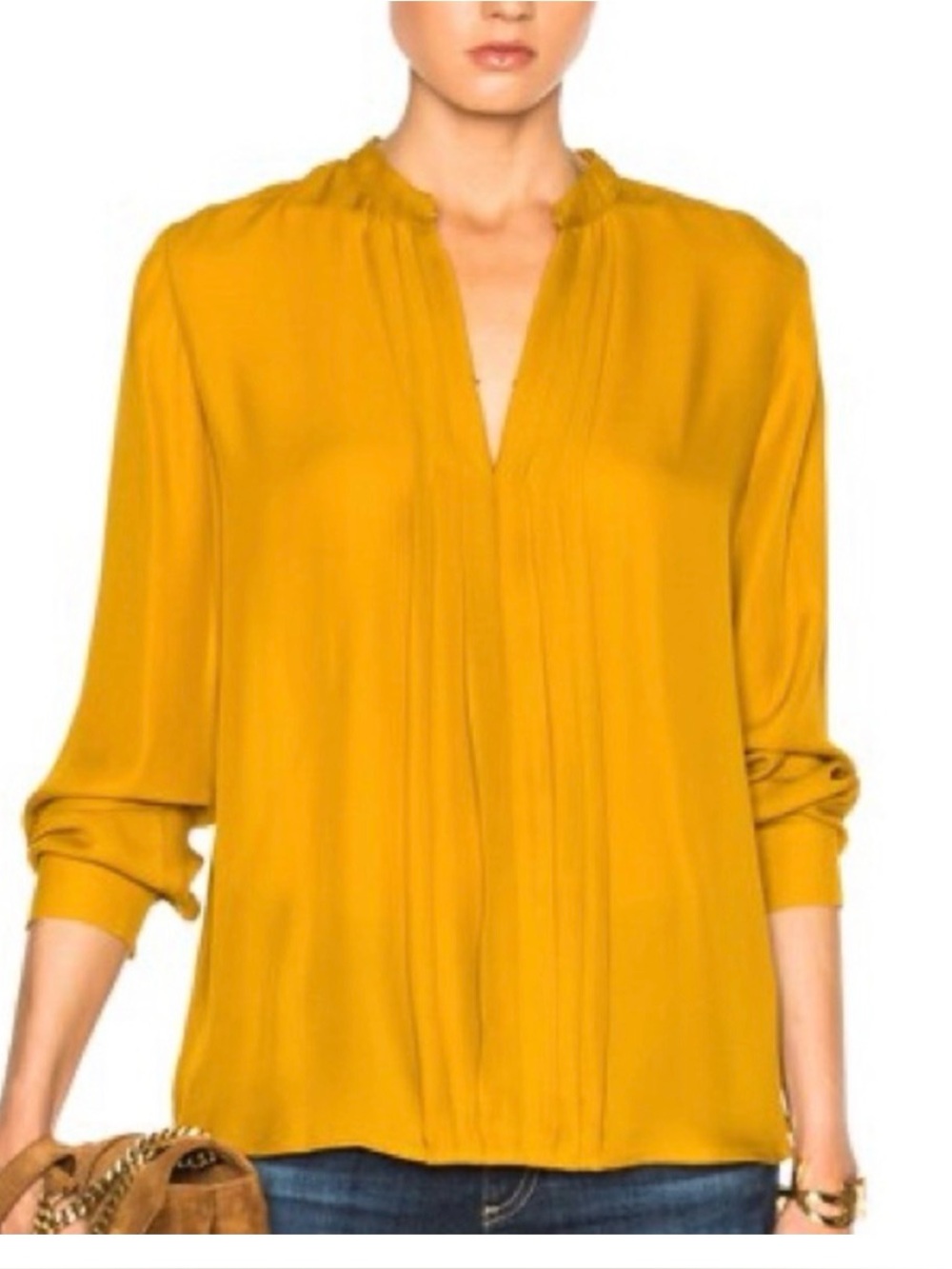 L’agence women’s large 100% silk Lauren top mustard pleated capsule minimalist
